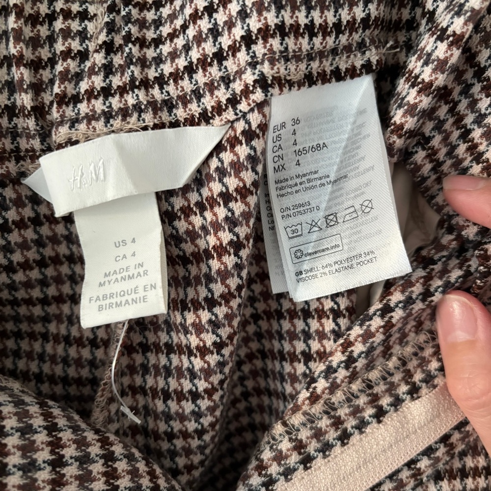 H&M high waisted Paperbag Waist Trousers Brown Houndstooth check belted Size 4 - Picture 3 of 7